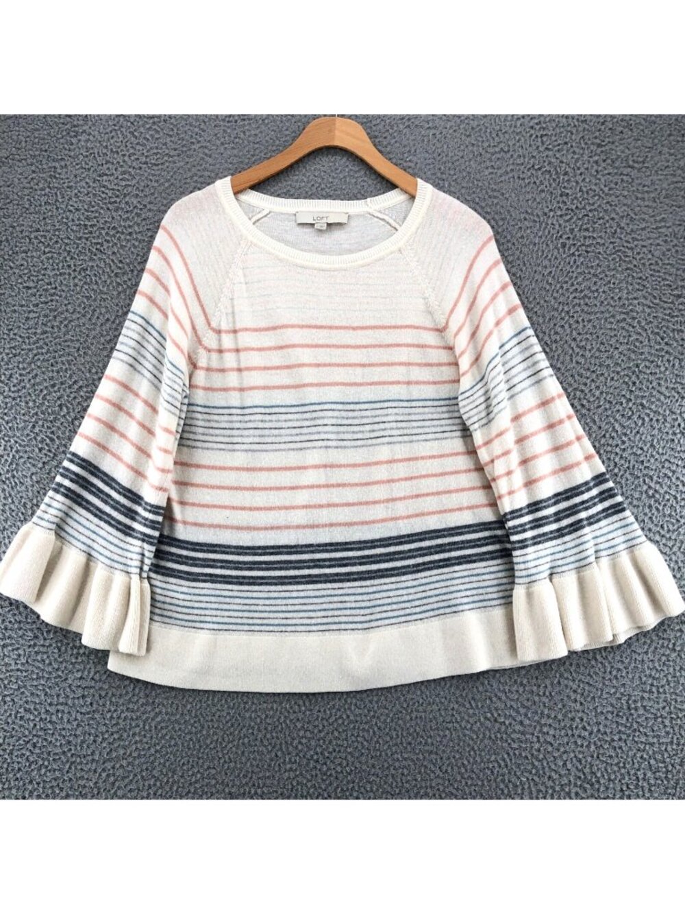 LOFT Sweater Womens Medium Ivory Multi Stripe Wool Blend Raglan Long Bell Sleeve
